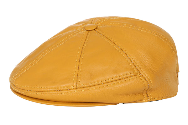 Mustard lamb nappa leather flat cap with three-panel design by LLD Original, perfect for British autumn style.